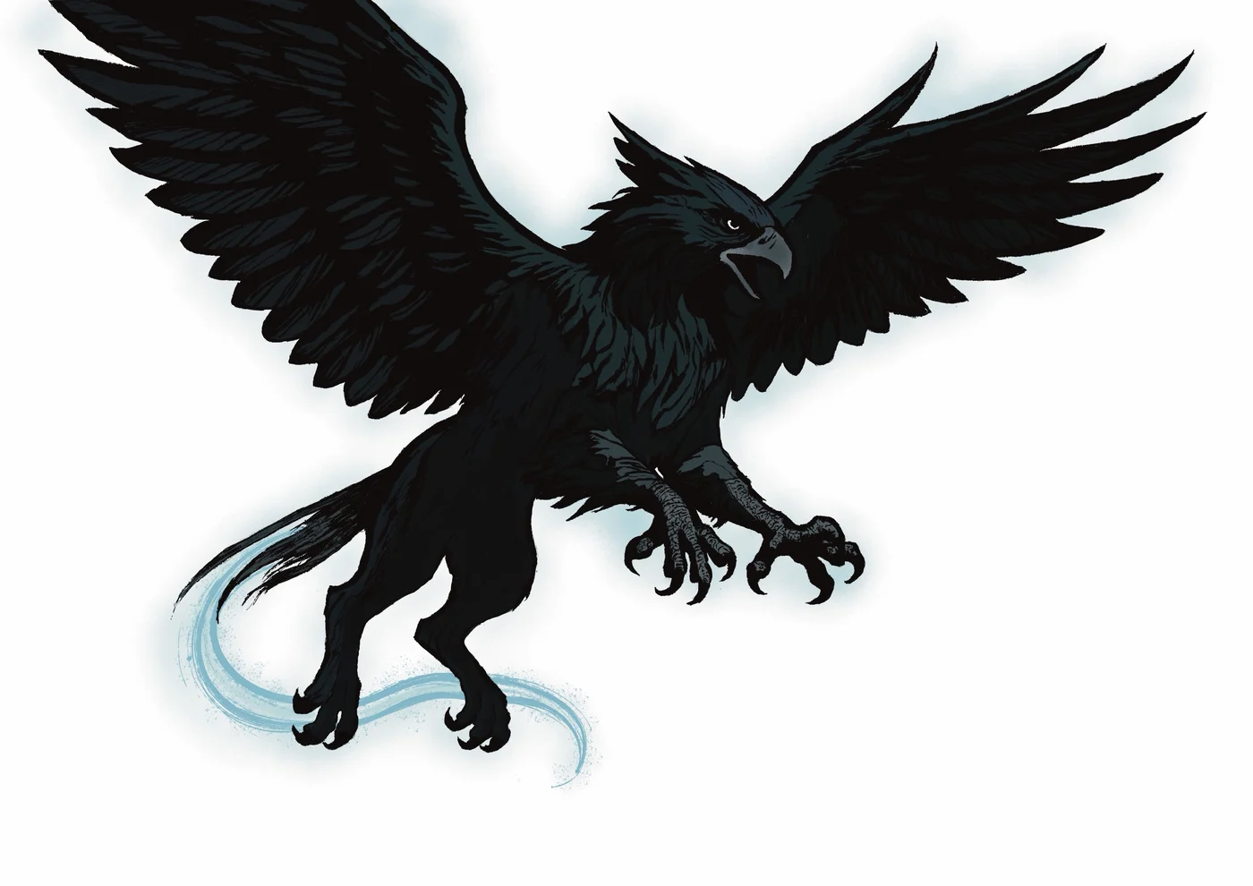 Drawing of a black griffin diving with wings spread and talons out, trailing a pale blue wisp